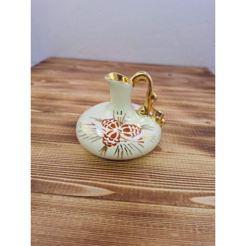 Le Pere Vintage Hand Painted Vase Pine Cones Gold Trim 3" Tall